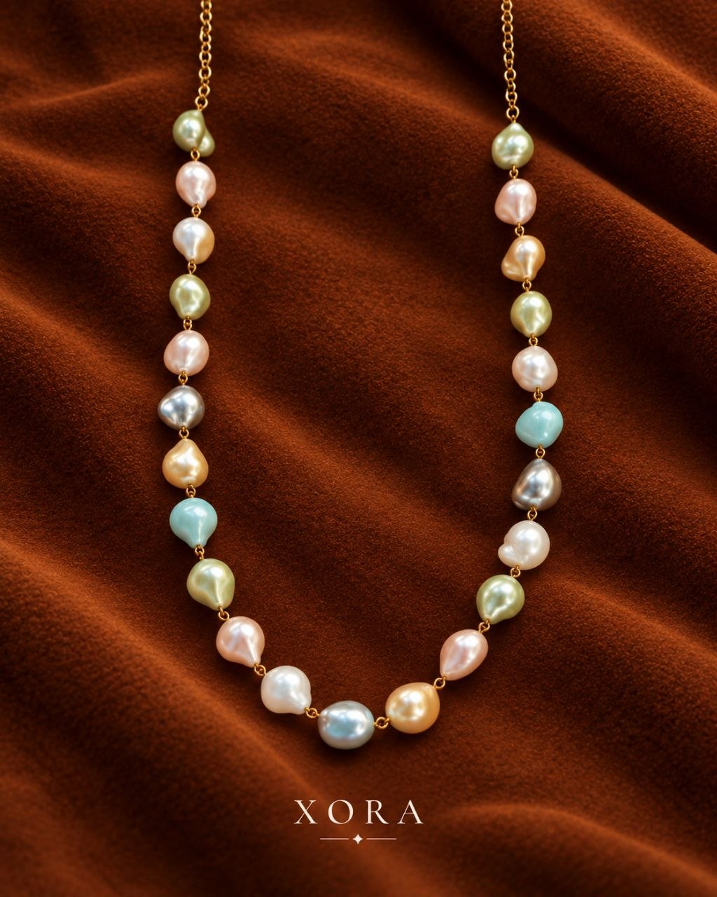 A multicolor baroque pearl necklace with gold chain links, displayed on a draped brown velvet fabric background. The pearls feature pastel shades of pink, green, blue, and cream.