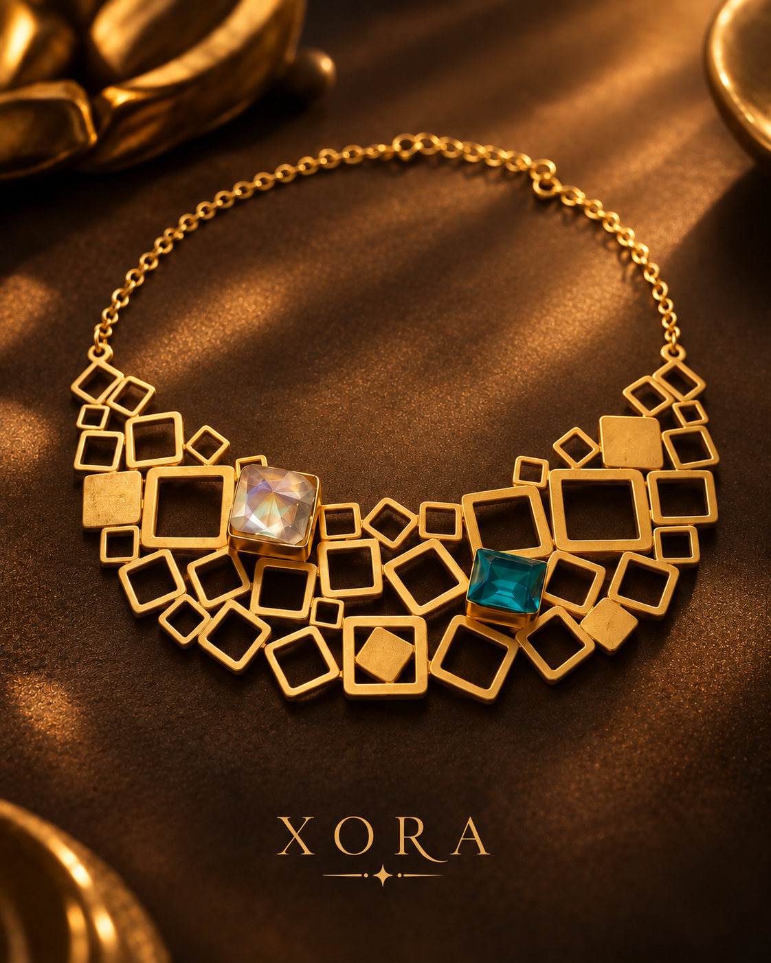 Gold geometric bib necklace with square and diamond-shaped cutouts, featuring two square gemstone accents (one iridescent, one teal blue) on a dark brown satin background. The brand name 'XORA' is displayed at the bottom.