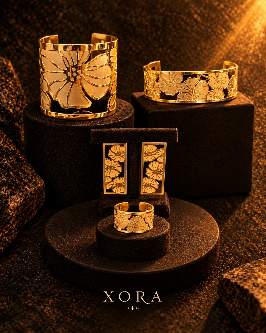 Gold jewelry set by XORA featuring floral engraved cuff bracelets and matching rings, displayed on black velvet stands against a textured dark background.