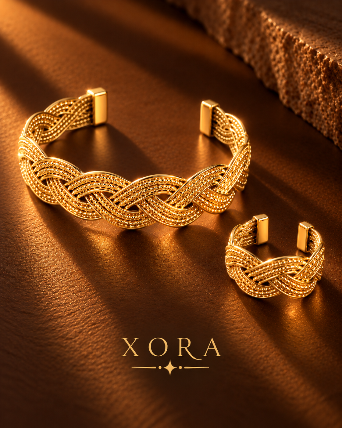 Two gold-toned braided cuff bracelets displayed on a warm brown textured surface, with the brand name XORA printed below. The larger bracelet is positioned on the left, and a smaller matching bracelet is on the right.