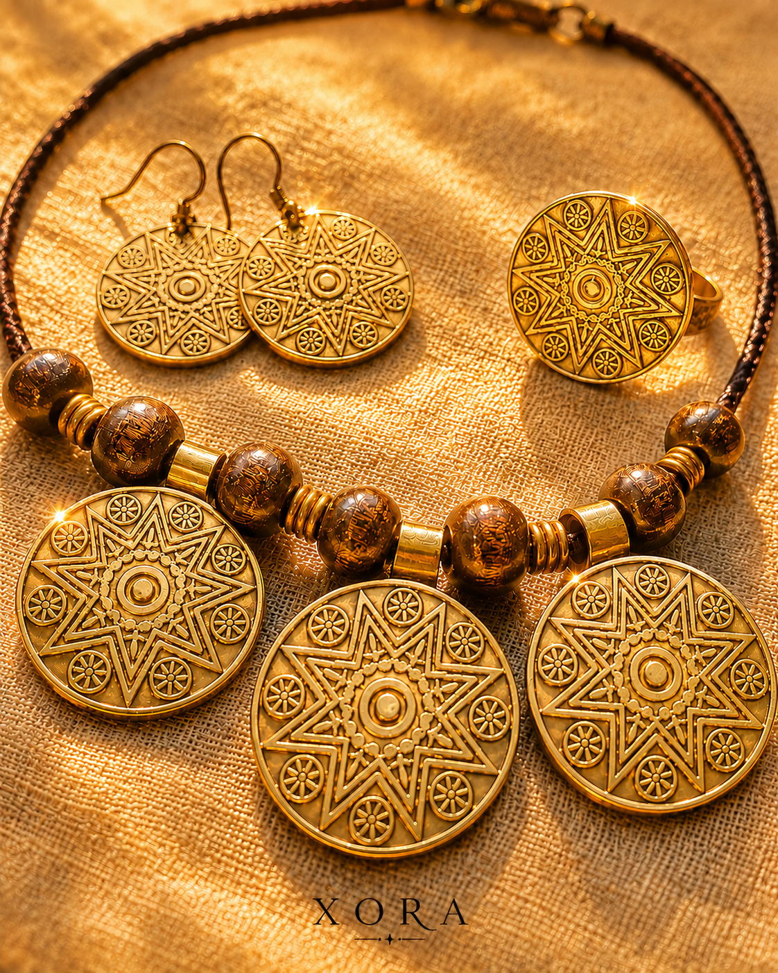 A bohemian jewelry set by XORA featuring gold-toned circular medallion earrings and matching pendant necklace with brown wooden beads, displayed on a textured beige linen fabric.
