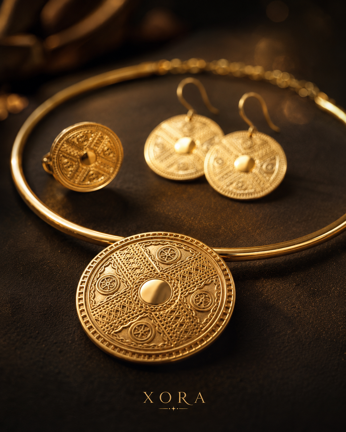 A gold jewelry set featuring a circular pendant necklace, matching earrings, and a ring, all adorned with intricate Norse-style runic engravings, displayed on a dark textured surface with the brand name XORA at the bottom.