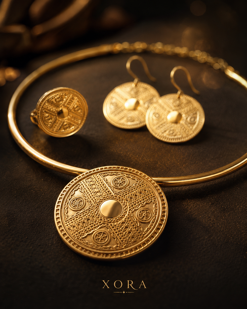 A gold jewelry set featuring a circular pendant necklace, matching earrings, and a ring, all adorned with intricate Norse-style runic engravings, displayed on a dark textured surface with the brand name XORA at the bottom.