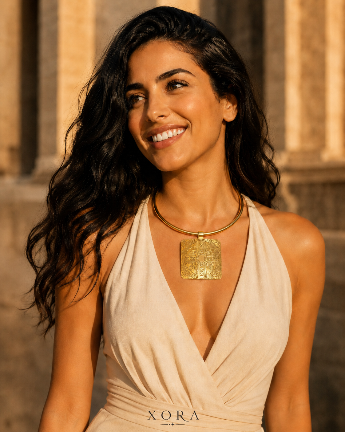 A woman with long dark wavy hair smiles while wearing a chunky gold pendant necklace with a square textured pendant, paired with a beige halter dress. The background shows warm, blurred stone columns.