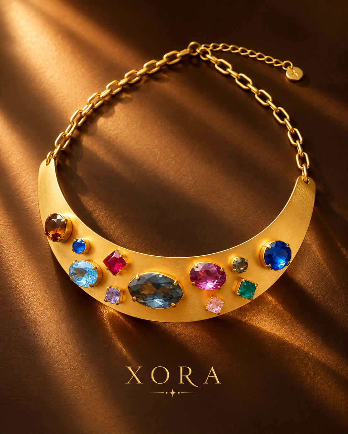A gold crescent collar necklace with multiple colorful gemstones, displayed on a dark brown satin fabric background with dramatic lighting. The brand name 'XORA' is printed at the bottom.