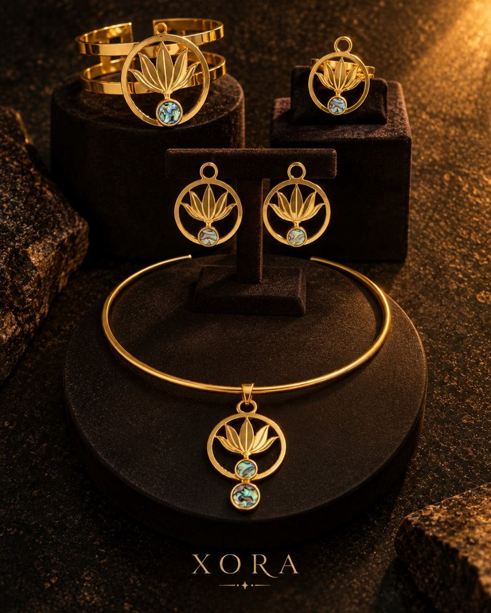 Gold jewelry set with circular leaf-like pendants and light blue gemstone accents, displayed on black velvet stands with rocks around it. The set includes a bracelet, earrings, and rings, with the brand name XORA visible at the bottom.
