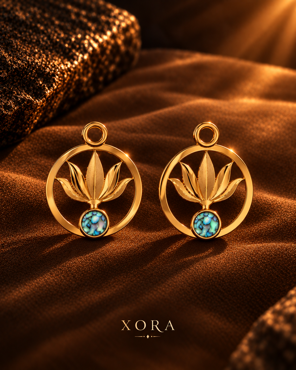 A pair of gold-toned circular earrings with a leaf motif and a blue-green stone at the bottom, displayed on draped brown fabric with a textured gold surface. The brand name XORA is printed at the bottom.