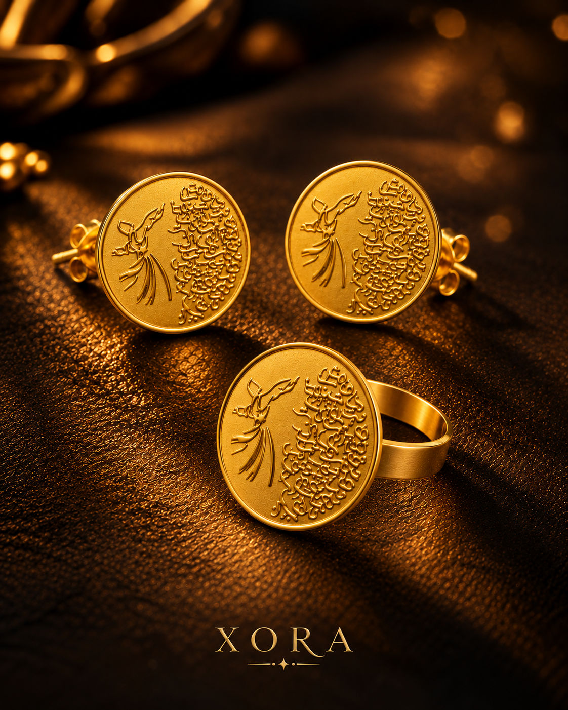 Three gold-toned jewelry pieces displayed on a dark textured surface: two round stud earrings and one matching ring, each featuring an embossed figure motif. The brand name XORA appears at the bottom.