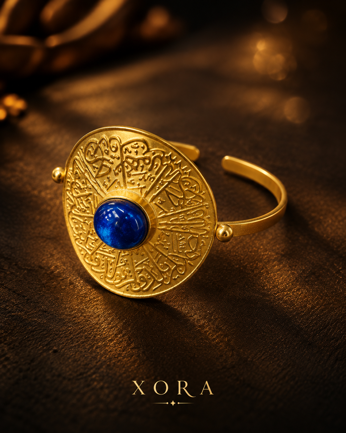 A gold-toned open cuff ring with an engraved circular face and a central deep blue oval stone, photographed on a dark brown textured surface with the brand name XORA at the bottom.