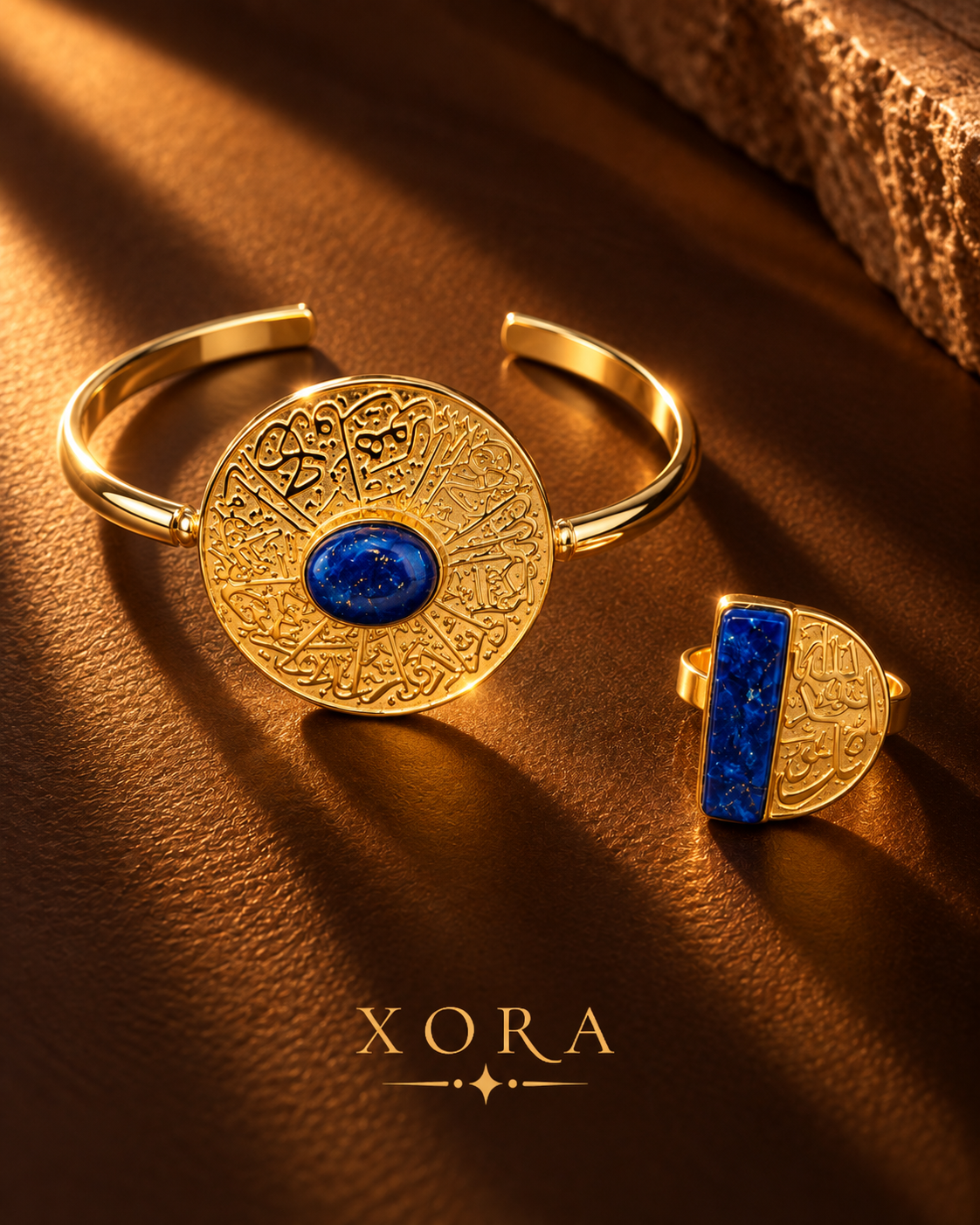 Two gold jewelry pieces with blue stone accents on a textured brown surface under dramatic warm lighting. The set includes an open cuff bracelet and a ring, both featuring ornate gold detailing and a rectangular or oval blue stone.