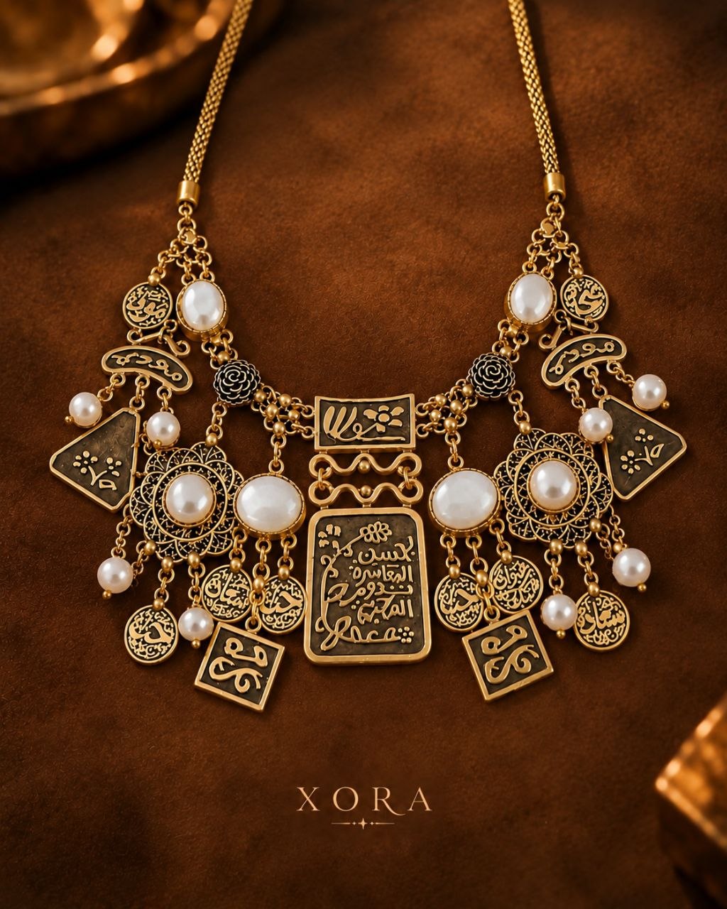 An ornate gold-toned statement necklace with multiple dangling charms, including calligraphic plaque elements, filigree, and white pearl-like beads, displayed on a warm brown textured surface. The brand name XORA is printed below the necklace.