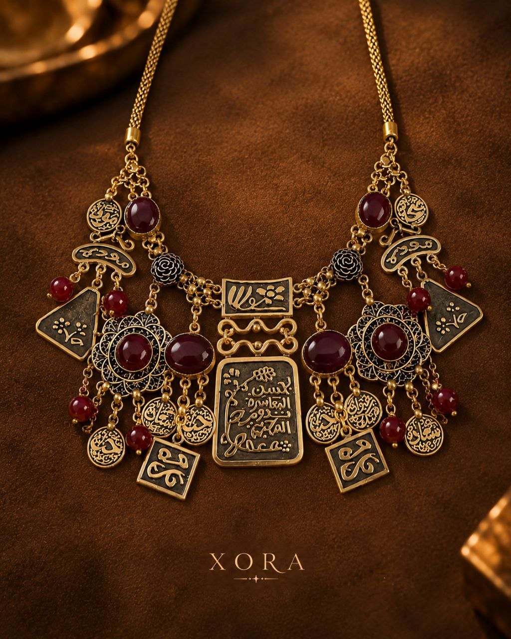 An ornate gold-toned statement necklace with multiple dangling charms, including round red gemstones, filigree details, and engraved rectangular plates, displayed on a textured brown surface. The brand name XORA is printed below the necklace.
