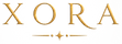 The brand name 'XORA' is displayed in a polished, metallic gold serif typeface, centered on a clean white background with a subtle drop shadow.