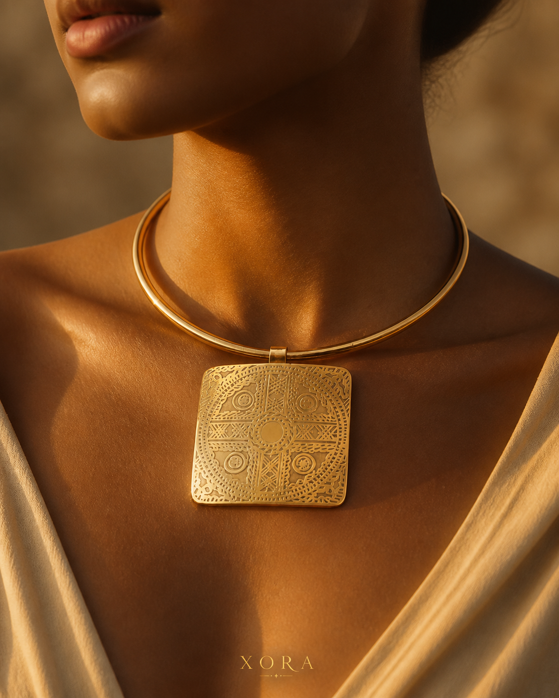A close-up lifestyle shot of a model wearing a gold-toned XORA brand necklace with a square, intricately carved pendant and a thin circular collar band, set against a warm, sunlit background.